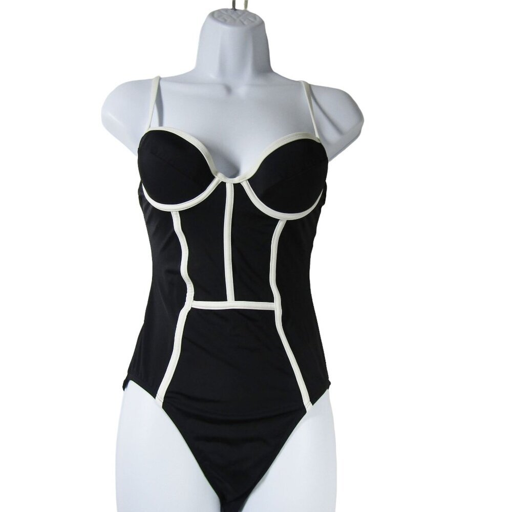 VINTAGE Retro 6 Pinup 80s Shape FX Black white Swim Suit Minimalist One Piece